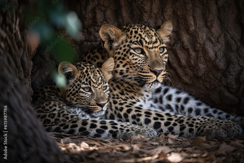 two young leopards resting in the shade on their mother's back, taken from behind an old tree two young leopards resting in the shade on their mother's back, taken from behind an old tree