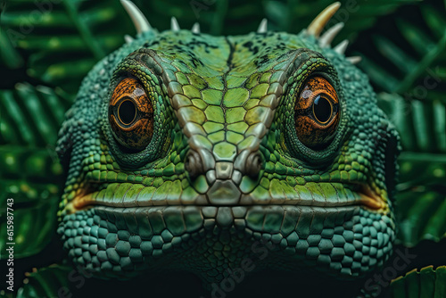 a green lizard s face with orange eyes and long  sharped fangs on it s head looking directly into the camera lens