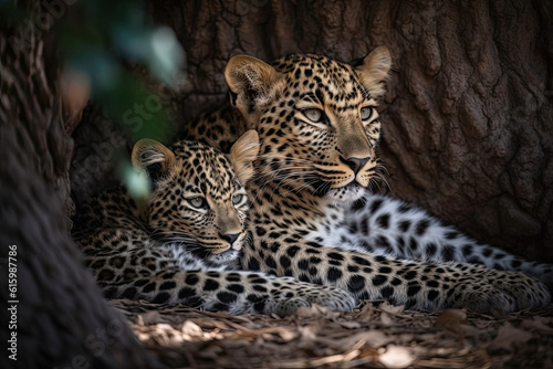 two young leopards resting in the shade on their mother's back, taken from behind an old tree