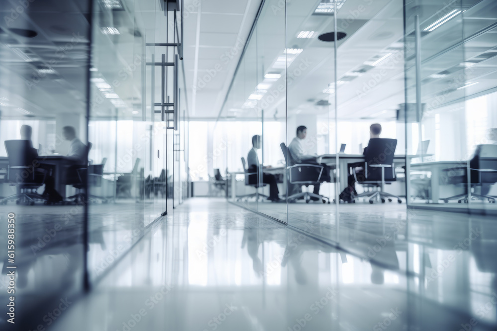 Blurred Business People In White Glass Office Background, Generative AI 