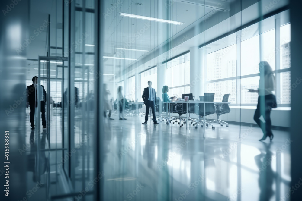 Blurred Business People In White Glass Office Background, Generative AI 