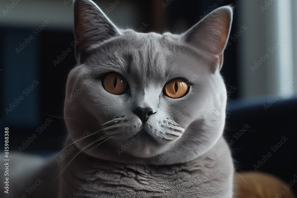 British Shorthair Cat Close Up Photo In The Living Room, Generative AI