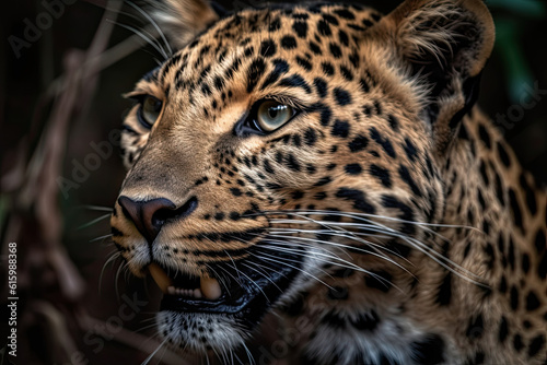 a leopard's face with its mouth open and it is looking at the camera, in front of some leaves