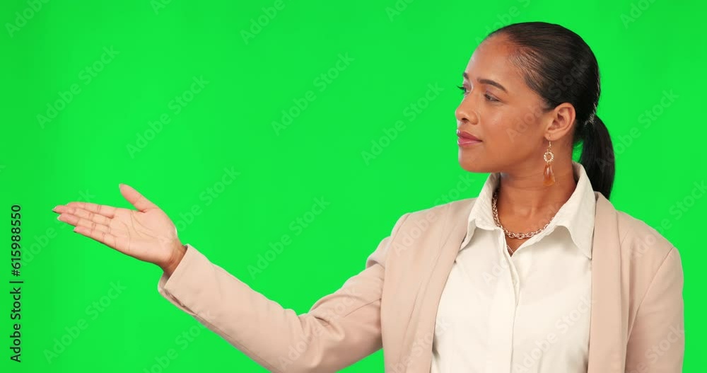 Woman, presentation and point at green screen, face or list business info for opportunity of offer on studio background. News, announcement and mockup space, female professional and advertising menu Woman, presentation and point at green screen, face or list business info for opportunity of offer on studio background. News, announcement and mockup space, female professional and advertising menu