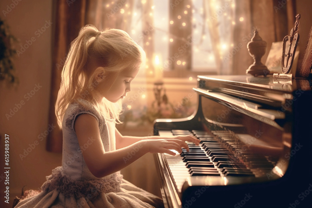 Cute little girl playing piano indoors, kid piano in living room, girl