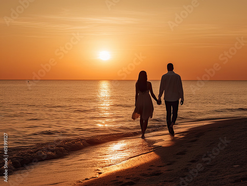 two people walking on the beach at sunset time, while the sun is setting over the water and they are holding hands © Golib Tolibov