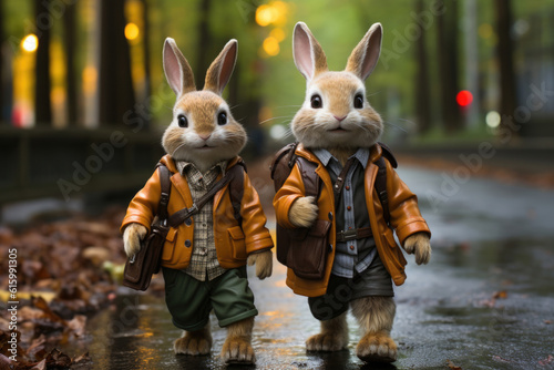 Realistic illustration. Two rabbit brothers go to school. Classmates on street. Concept of learning, preschool education, autumn. Bunny student with backpack. September 1. Boy. Pet care. Generative AI © brajianni