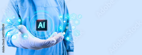 AI development concept for healthcare. Intelligent AI learning system in medicine. Doctor analyzes an artificial intelligence processor isolated on celestial background.