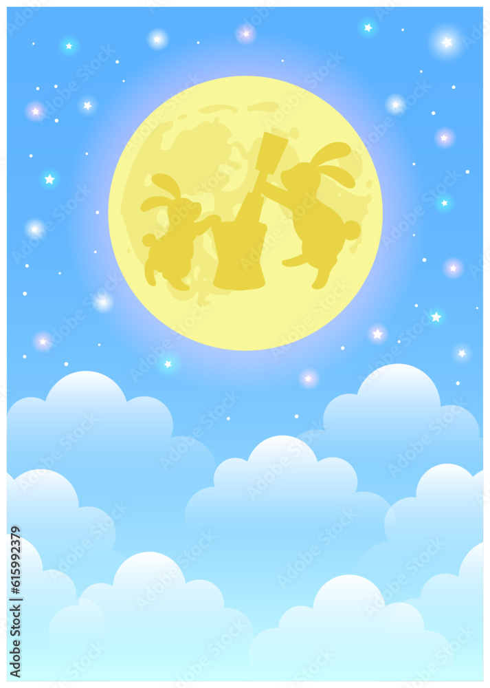 Fototapeta premium 青いメルヘンゆめかわ世界に浮かぶ月うさぎ付き満月タテ