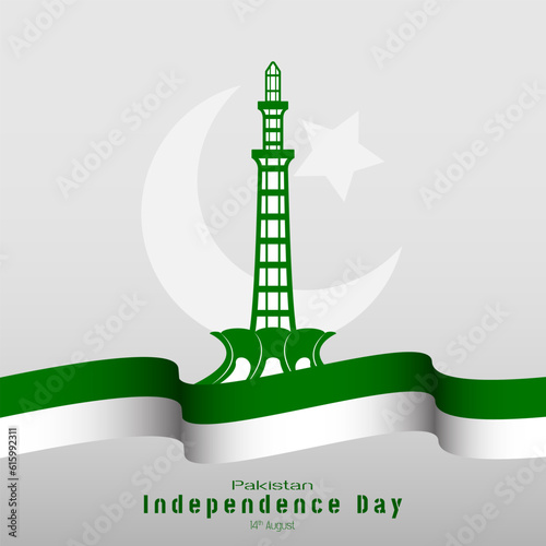Happy Pakistan Independence Day greetings with Pakistan tower and waving ribbon