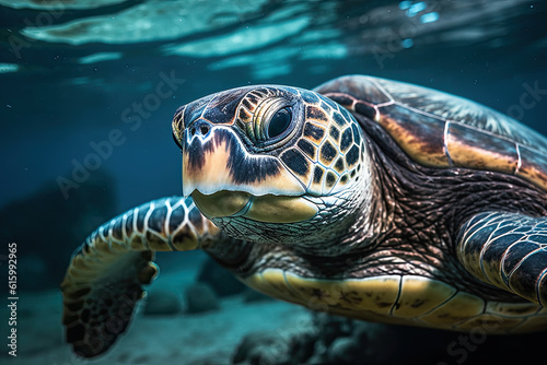 a sea turtle swimming in the ocean with its head above the water's surface looking up at the camera