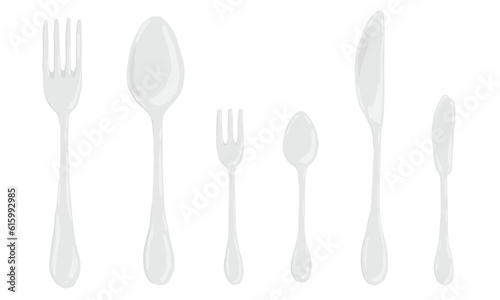 Cutlery, Silverware fork knife spoon isolated on white background, stainless steel tableware. Hand drawn illustration. Vector Top view