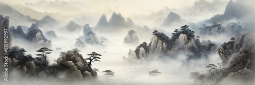 A 10:3 ratio banner showcasing a picturesque mountain view painted in the Chinese ink style, with mist creating an ethereal atmosphere. An image on canvas. Generative AI