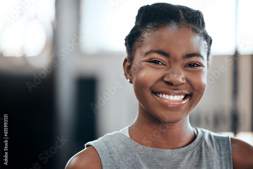 Break, portrait or happy black woman at gym for a workout, exercise or training for healthy fitness or wellness. Face of sports girl or proud African athlete smiling or relaxing with positive mindset