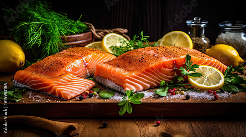 two salmon steaks on a wooden cutting board with herbs, lemons and spices in the background photo is taken from above