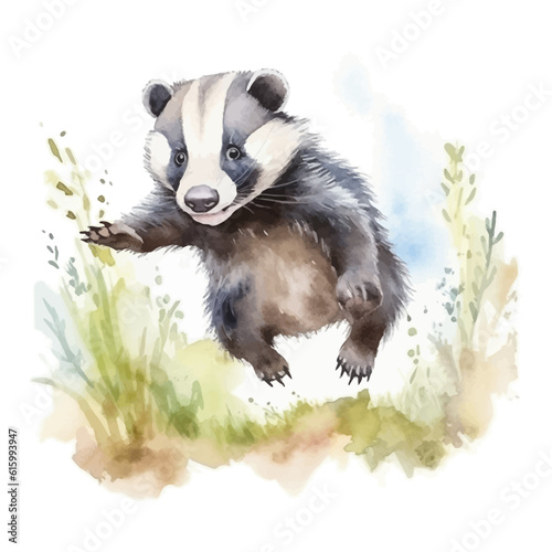 Cute badger cartoon in watercolor painting style