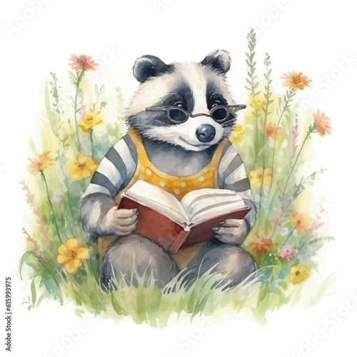 Cute badger cartoon reading a book in the grass with watercolor painting style