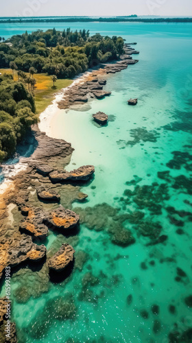 Tropical island beach shore with exotic trees  clear sea and white sand. 