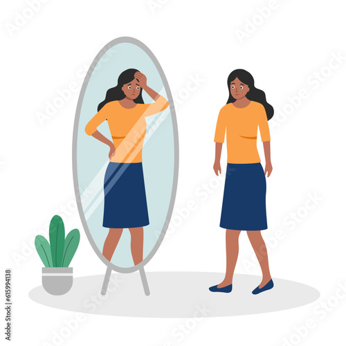 Low self esteem concept vector illustration. Woman standing in front of mirror with low self confidence in flat design on white background.