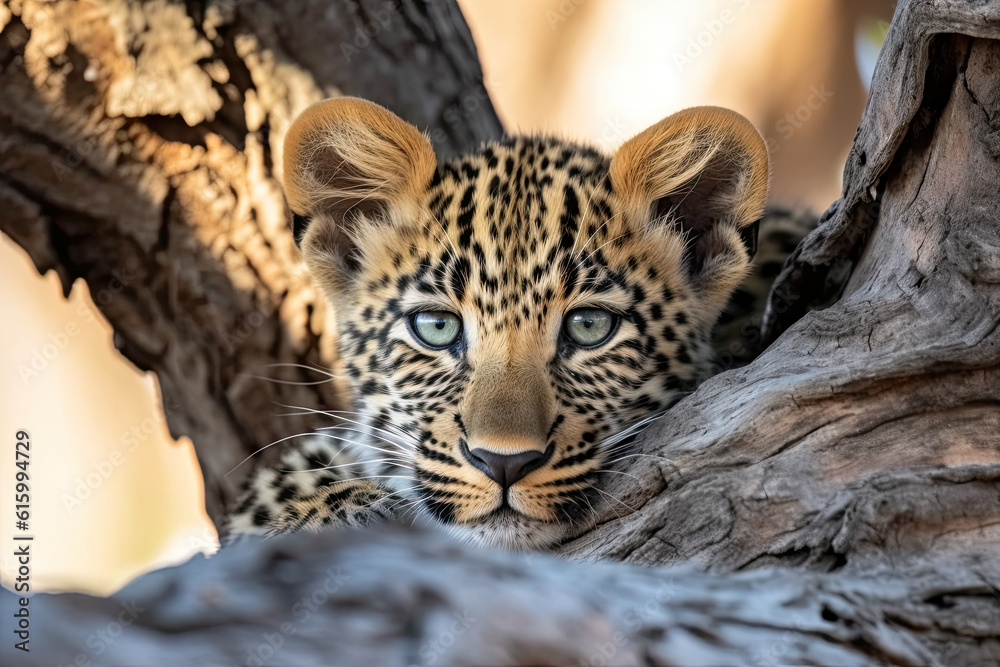 Fototapeta premium a young leopard cub in a tree looking at the camera with its eyes open and it's head peeking out