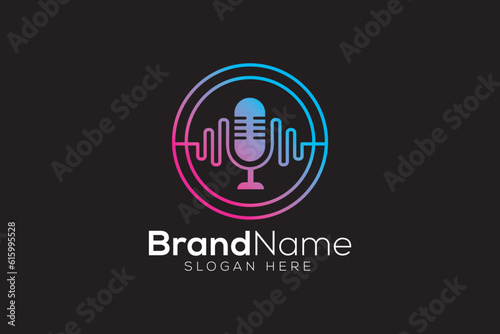 Microphone with colorful sound waves logo design template