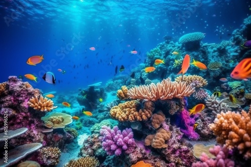 Vibrant Underwater World with Colorful Marine Life and Coral Reefs Created with Generative AI © dendyh7