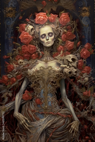 Skeleton is adorned with roses and candles, in the style of realistic hyper-detailed portraits