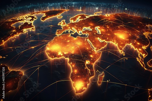 "Global Connectivity": A composite image of a world map with digital lines connecting different continents and cities, symbolizing the interconnected nature of the world. 
