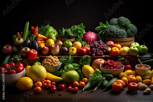 various fruits and vegetables on a wooden table in front of a black background with copy - space to the right
