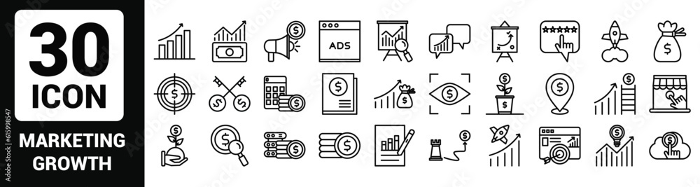 Vector market growth Line Outline Icon Set