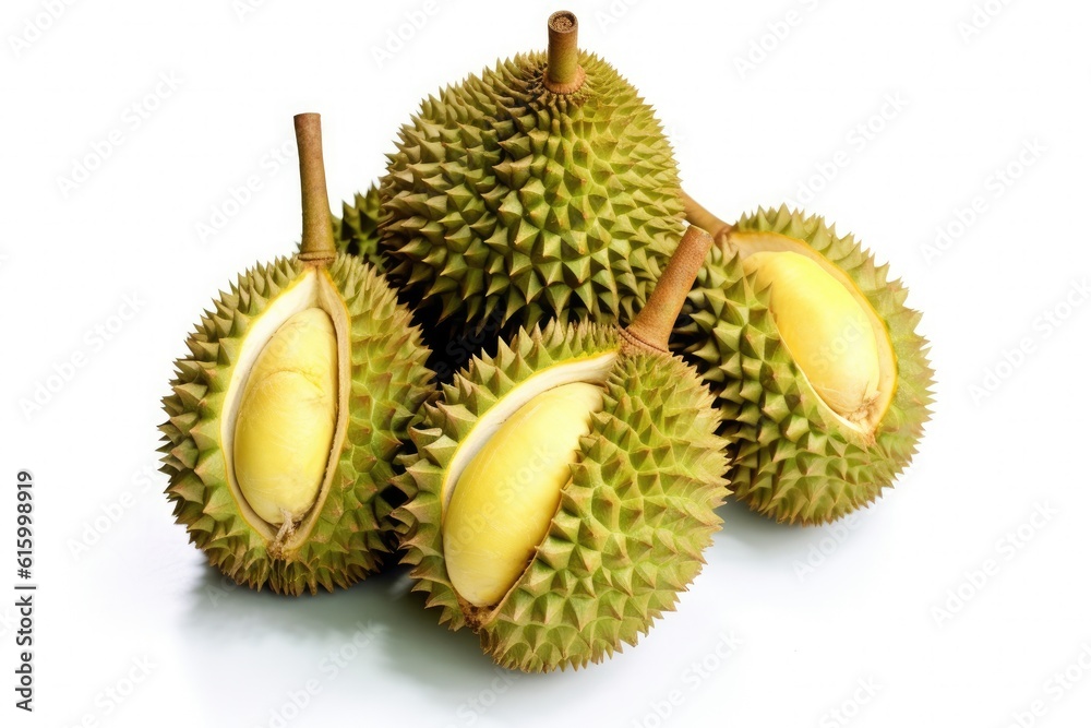 Collections of durian fruits isolated on white background. fruit king. Generative Ai Collections of durian fruits isolated on white background. fruit king. Generative Ai