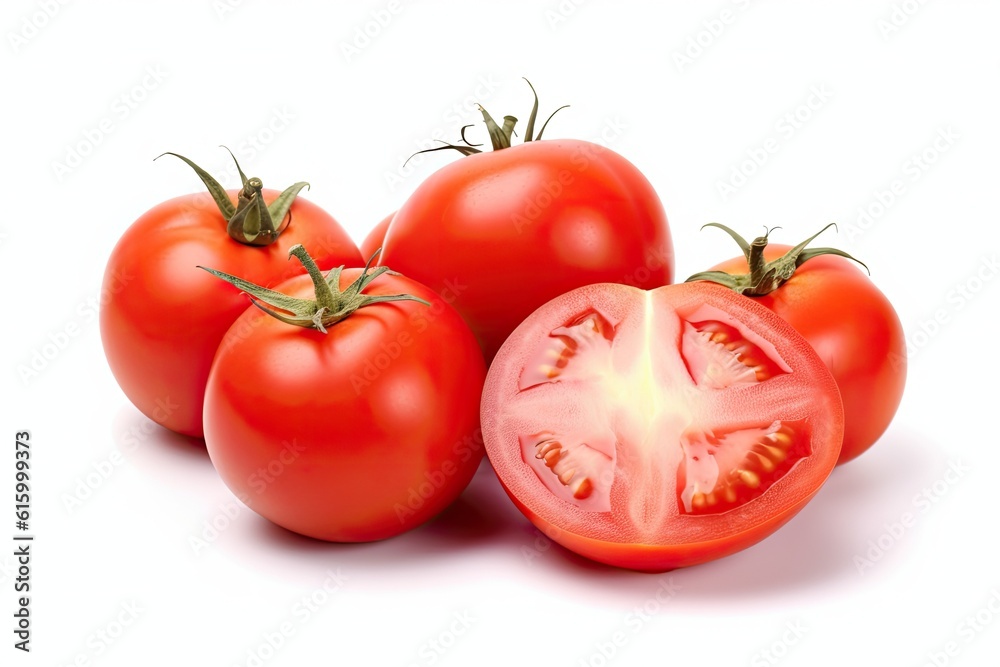 Fresh Red Tomato and sliced tomatoes with water droplets isolated on white background. Generative Ai Fresh Red Tomato and sliced tomatoes with water droplets isolated on white background. Generative Ai