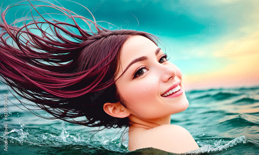 Portrait of a beautiful young brunette woman in the water. Generative AI. Portrait of a beautiful young brunette woman in the water. Generative AI.