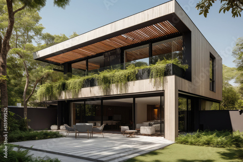 Elegant house with solar panels and tree-shaded facade, generative AI