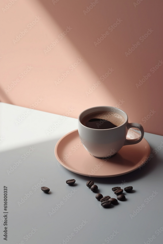 A coffe and beans on a table, lights and shadows, pastel colors. Generative AI.