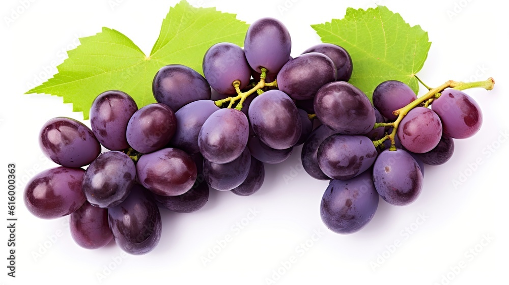 Fototapeta premium Fresh grapes with leaves isolated on white background. Generative Ai