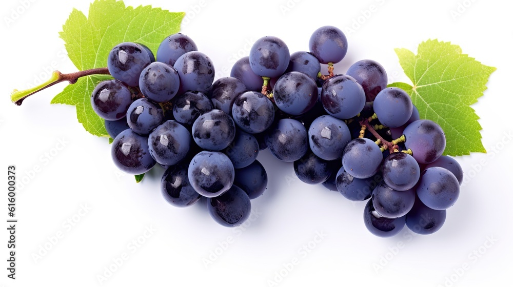 Fresh grapes with leaves isolated on white background. Generative Ai Fresh grapes with leaves isolated on white background. Generative Ai