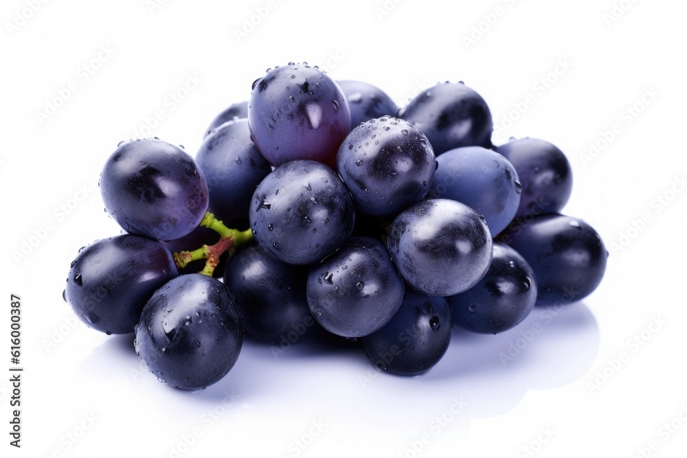 Dark blue grapes isolated on white background. Generative Ai
