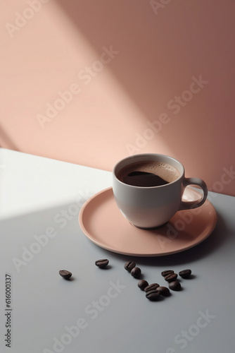 Obraz na płótnie A coffe and beans on a table, lights and shadows, pastel colors. Generative AI. w salonie