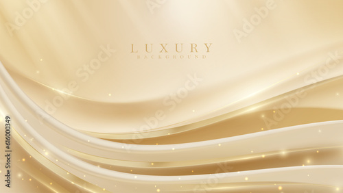 Cream colored luxury background with golden elegant ribbon with light effect with bokeh decoration.