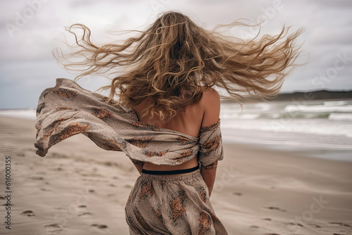 a woman standing on the beach with her hair blowing in the wind she is wearing a long sleeved dress