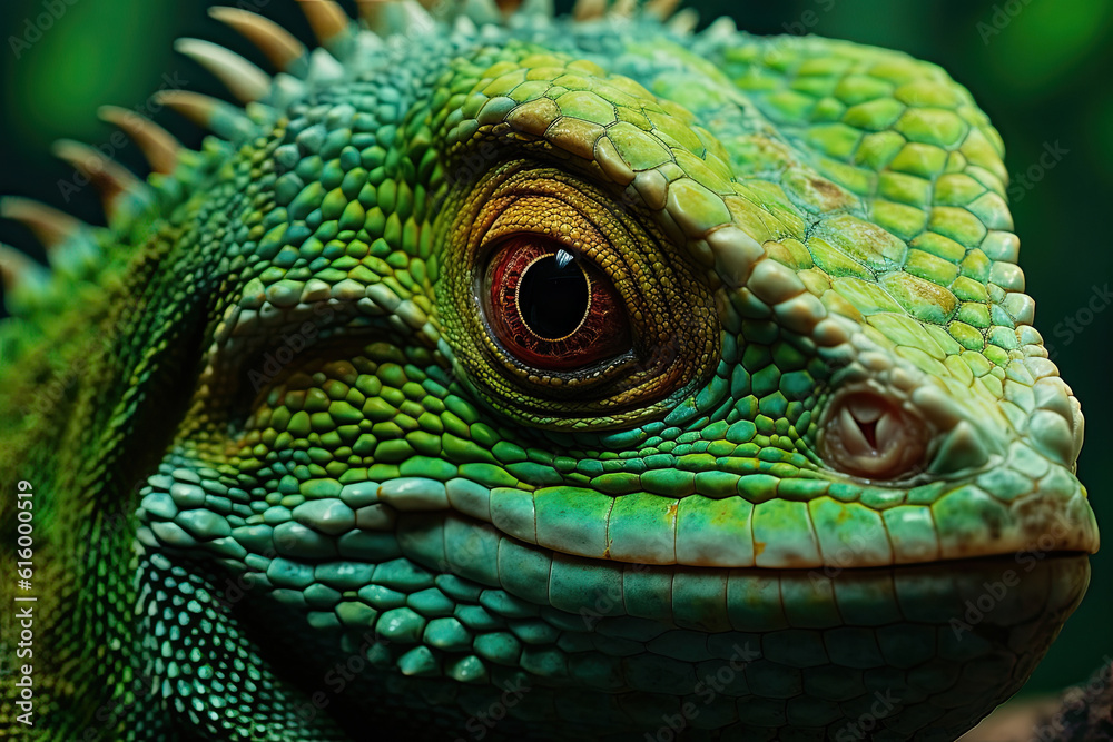 Fototapeta premium a green lizard looking at the camera with its mouth open and it's eyes wide, in front of a dark background