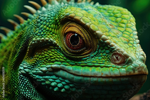 a green lizard looking at the camera with its mouth open and it s eyes wide  in front of a dark background