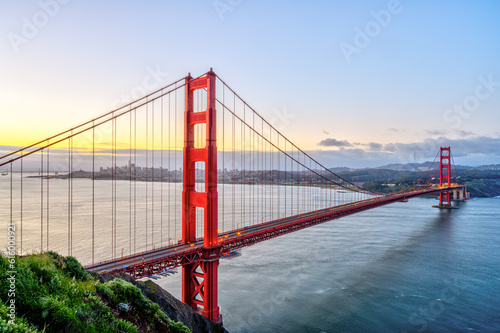 The iconic Golden Gate Bridge in San Francisco just before sunrise
