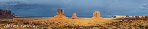 Panorama of the famous Monument Valley in the USA with dark strom clouds