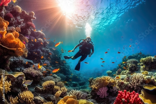 a scuba diver in the great barrier reef, bahamas islands, british virgin islands, caribbean islands, united states stock photo