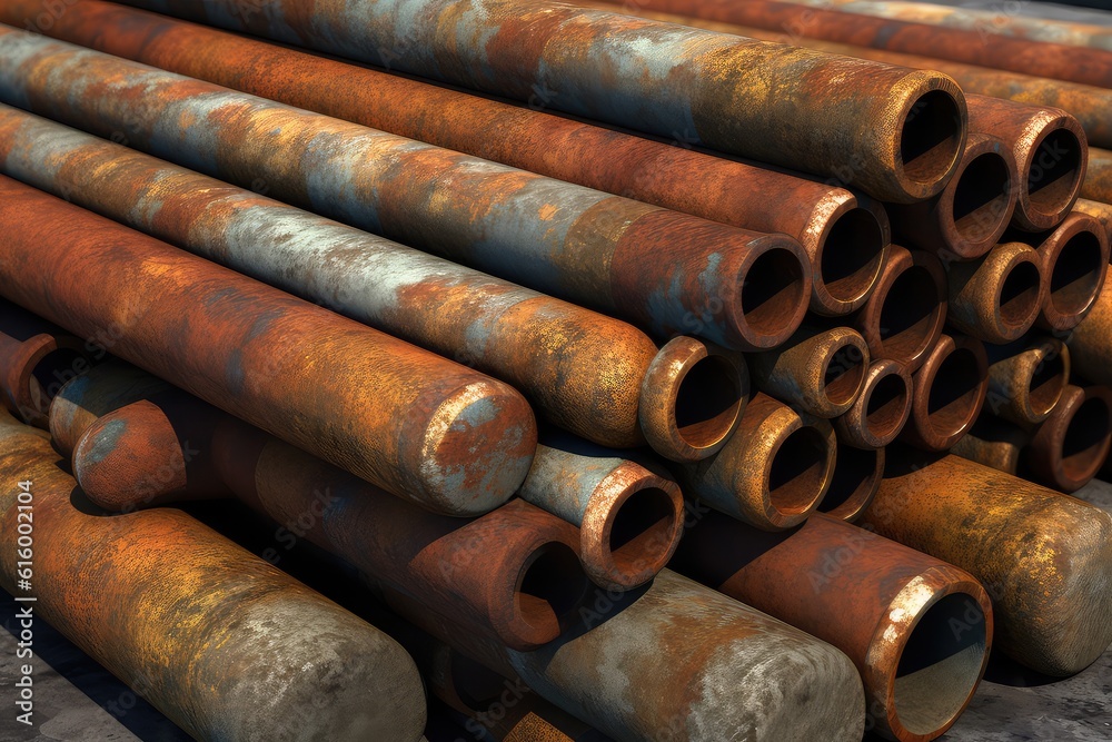 Corroded Metal Pipes: A series of corroded and rusty metal pipes, emphasizing the rough and deteriorated surface. 