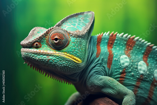 Green colored chameleon close up. Generative AI. © tope007