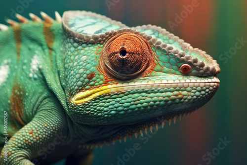 Green colored chameleon close up. Generative AI.