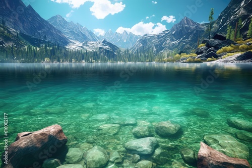 Crystal Clear Mountain Lake: A crystal-clear alpine lake surrounded by towering mountains, offering a serene and refreshing atmosphere. 